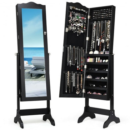 Mirrored Lockable Jewelry Cabinet Armoire Organizer Storage Box-Black - Color: Black