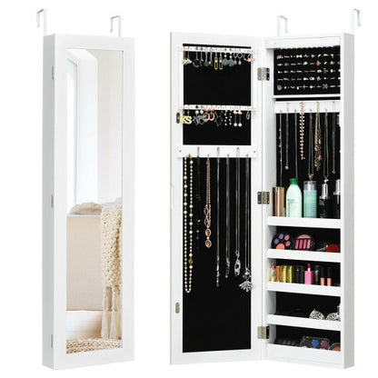 Wall & Door Mounted Mirrored Jewelry Cabinet with LED Light - White