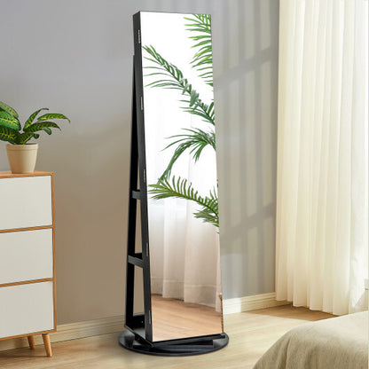 360° Rotating Mirrored Jewelry Cabinet Armoire with 3-Color LED Modes – Lockable – Black