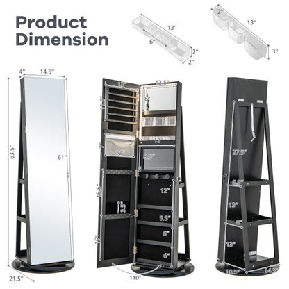 360° Rotating Mirrored Jewelry Cabinet Armoire with 3-Color LED Modes – Lockable – Black