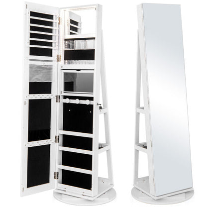360° Rotating Jewelry Armoire with Full-Length Mirror & Adjustable LED Lights – White