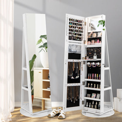 360° Rotating Jewelry Armoire with Full-Length Mirror & Adjustable LED Lights – White