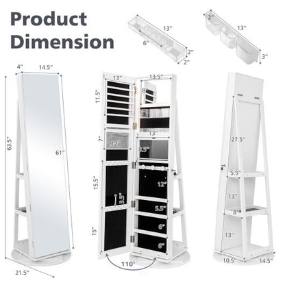 360° Rotating Jewelry Armoire with Full-Length Mirror & Adjustable LED Lights – White