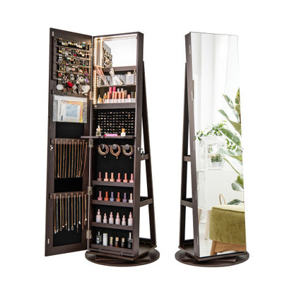 360° Rotating Mirrored Jewelry Cabinet Armoire with 3-Color LED Modes – Lockable – Espresso