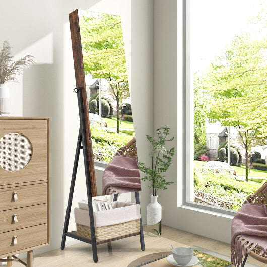 Freestanding Jewelry Cabinet with Full-Length Mirror – Rustic Brown
