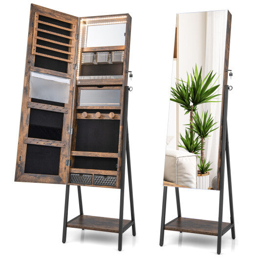 Freestanding Jewelry Cabinet with Full-Length Mirror – Rustic Brown