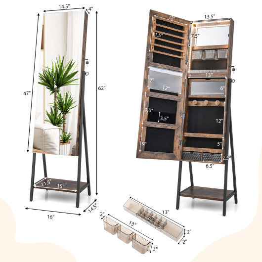 Freestanding Jewelry Cabinet with Full-Length Mirror – Rustic Brown