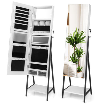 Freestanding Jewelry Cabinet with Full-Length Mirror – White