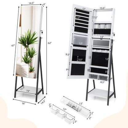 Freestanding Jewelry Cabinet with Full-Length Mirror – White
