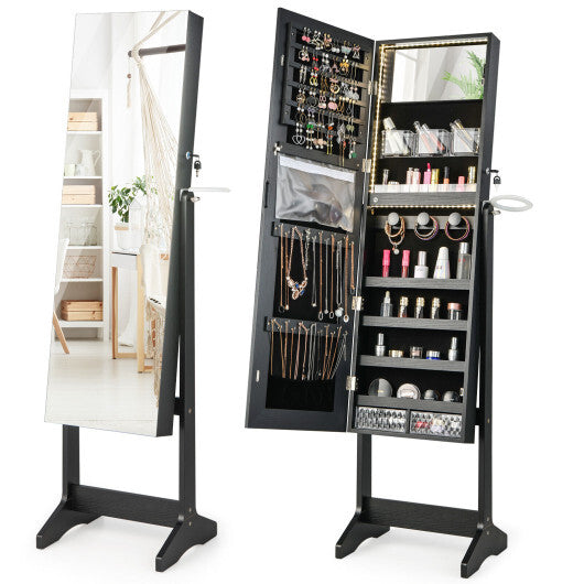 Freestanding Jewelry Cabinet with Full-Length HD Mirror – Black Color