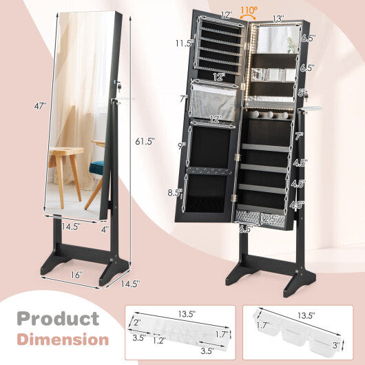 Freestanding Jewelry Cabinet with Full-Length HD Mirror – Black Color