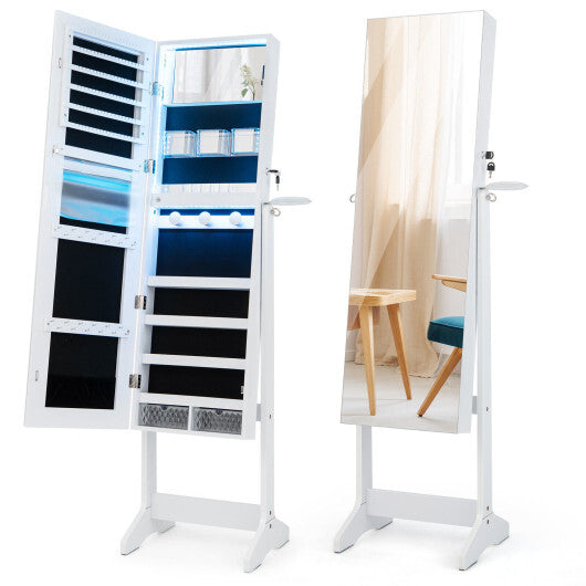 Freestanding Jewelry Cabinet with Full-Length HD Mirror – White Color