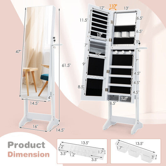 Freestanding Jewelry Cabinet with Full-Length HD Mirror – White Color