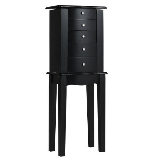 Jewelry Armoire with Top Flip Mirror and 4 Drawers – Black