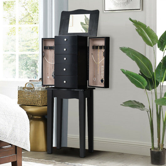 Jewelry Armoire with Top Flip Mirror and 4 Drawers – Black