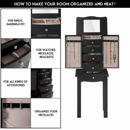 Jewelry Armoire with Top Flip Mirror and 4 Drawers – Black