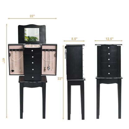 Jewelry Armoire with Top Flip Mirror and 4 Drawers – Black