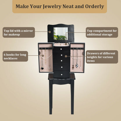 Jewelry Armoire with Top Flip Mirror and 4 Drawers – Black