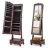 Rolling Floor Standing Mirrored Jewelry Armoire with Lock and Drawers - Brown