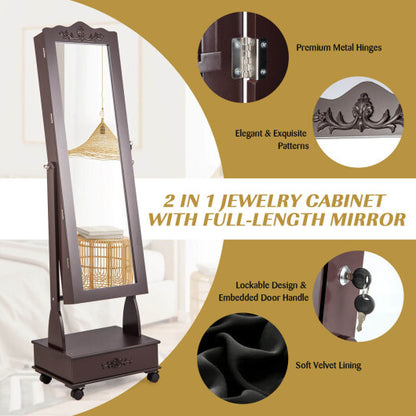 Rolling Floor Standing Mirrored Jewelry Armoire with Lock and Drawers - Brown