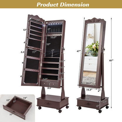 Rolling Floor Standing Mirrored Jewelry Armoire with Lock and Drawers - Brown
