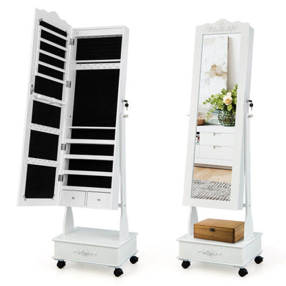Rolling Floor Standing Mirrored Jewelry Armoire with Lock and Drawers - White