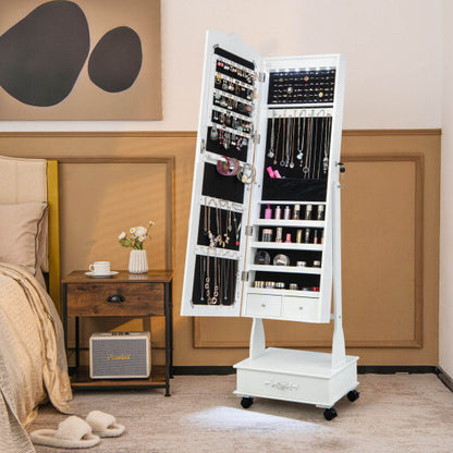 Rolling Floor Standing Mirrored Jewelry Armoire with Lock and Drawers - White