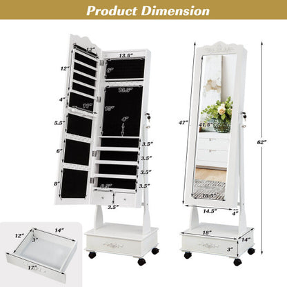 Rolling Floor Standing Mirrored Jewelry Armoire with Lock and Drawers - White