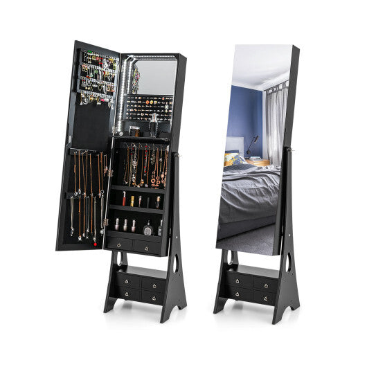 Freestanding Full-Length LED Mirrored Jewelry Armoire with 6 Drawers – Elegant Black Jewelry Storage Solution