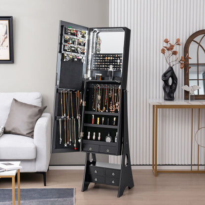 Freestanding Full-Length LED Mirrored Jewelry Armoire with 6 Drawers – Elegant Black Jewelry Storage Solution