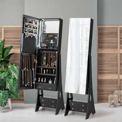 Freestanding Full-Length LED Mirrored Jewelry Armoire with 6 Drawers – Elegant Black Jewelry Storage Solution