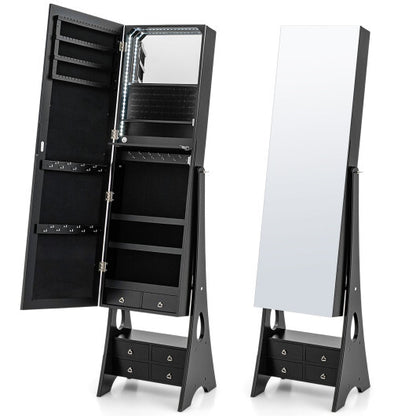 Freestanding Full-Length LED Mirrored Jewelry Armoire with 6 Drawers – Elegant Black Jewelry Storage Solution