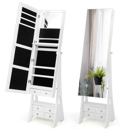 Freestanding Full-Length LED Mirrored Jewelry Armoire with 6 Drawers – Elegant White Jewelry Storage Solution