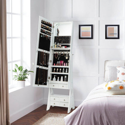 Freestanding Full-Length LED Mirrored Jewelry Armoire with 6 Drawers – Elegant White Jewelry Storage Solution