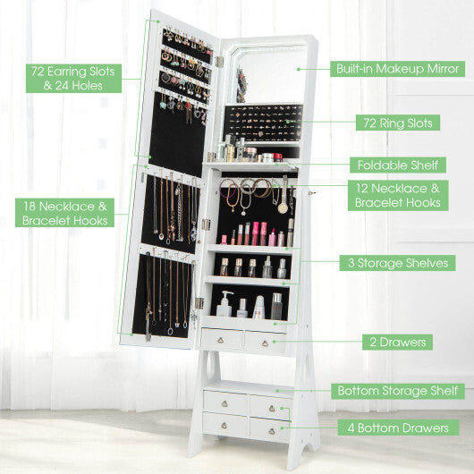 Freestanding Full-Length LED Mirrored Jewelry Armoire with 6 Drawers – Elegant White Jewelry Storage Solution