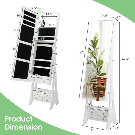 Freestanding Full-Length LED Mirrored Jewelry Armoire with 6 Drawers – Elegant White Jewelry Storage Solution