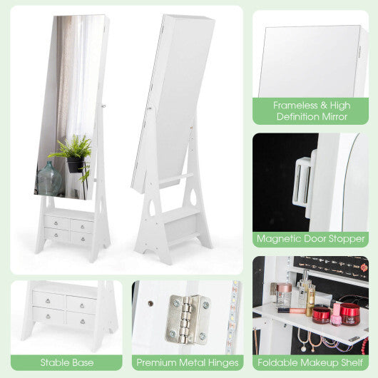Freestanding Full-Length LED Mirrored Jewelry Armoire with 6 Drawers – Elegant White Jewelry Storage Solution