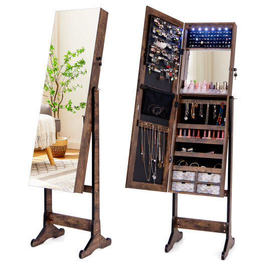 Lockable Jewelry Armoire Standing Cabinet with Lighted Full-Length Mirror – Rustic Brown Finish
