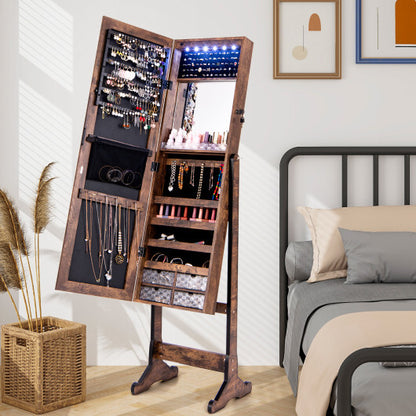 Lockable Jewelry Armoire Standing Cabinet with Lighted Full-Length Mirror – Rustic Brown Finish