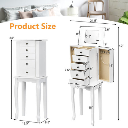 White Standing Jewelry Cabinet Armoire with Full-Length Mirror & Lockable Storage