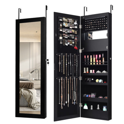 Lockable Wall/Door Mounted Mirror Jewelry Cabinet with LED Lights – Black