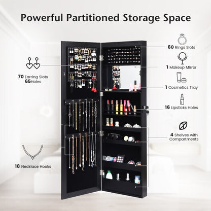 Lockable Wall/Door Mounted Mirror Jewelry Cabinet with LED Lights – Black