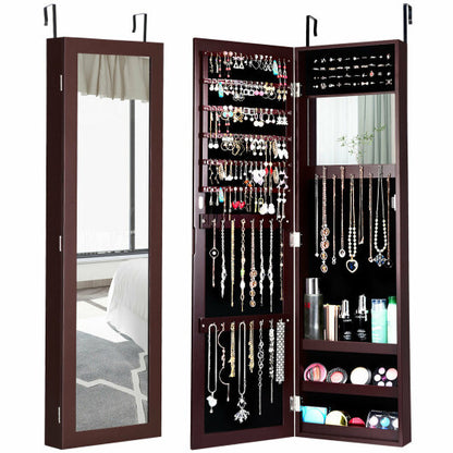 Full-Length Mirror Jewelry Cabinet with Ring Slots and Necklace Hooks – Dark Brown