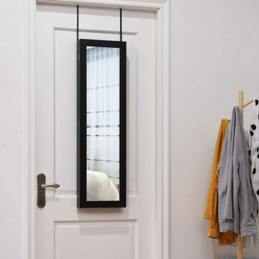 Full-Length Mirror Jewelry Cabinet with Ring Slots and Necklace Hooks – Dark Brown