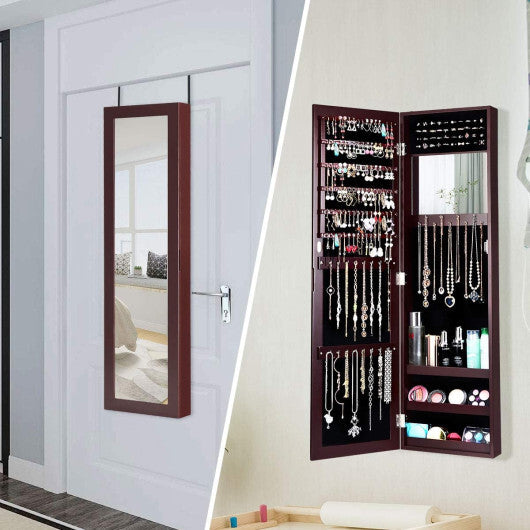 Full-Length Mirror Jewelry Cabinet with Ring Slots and Necklace Hooks – Dark Brown