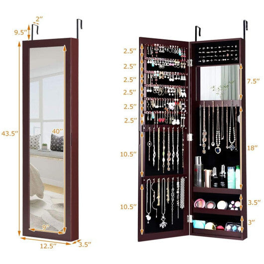 Full-Length Mirror Jewelry Cabinet with Ring Slots and Necklace Hooks – Dark Brown