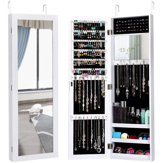 Full-Length Mirror Jewelry Cabinet with Ring Slots and Necklace Hooks – White