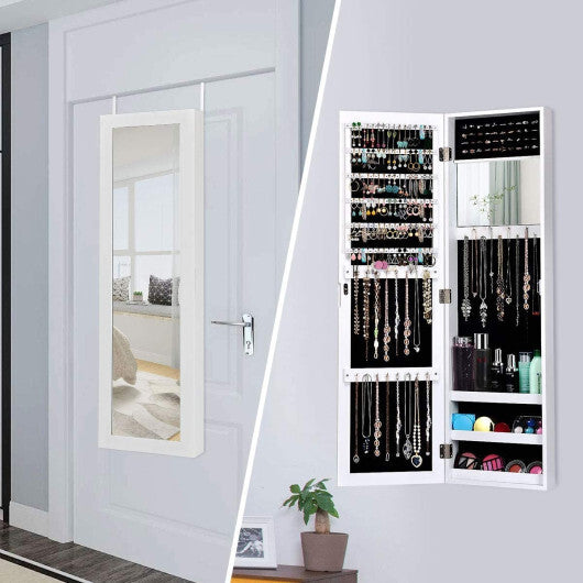Full-Length Mirror Jewelry Cabinet with Ring Slots and Necklace Hooks – White