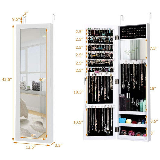 Full-Length Mirror Jewelry Cabinet with Ring Slots and Necklace Hooks – White