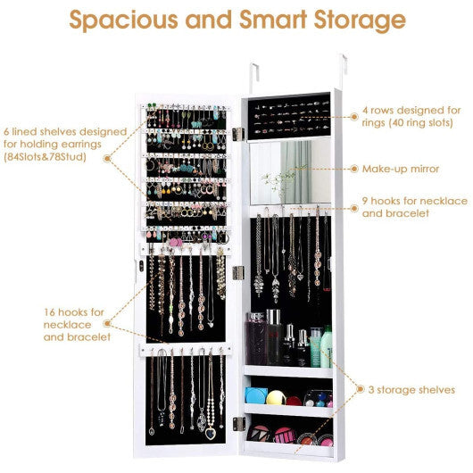 Full-Length Mirror Jewelry Cabinet with Ring Slots and Necklace Hooks – White